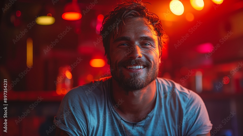 Fototapeta premium Smiling Man in a Bar With Red Lights