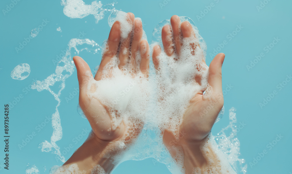 Fototapeta premium Hands covered in soap suds against a blue background