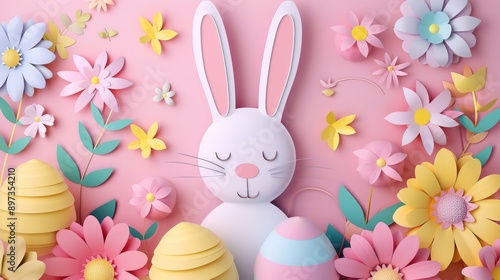 Cheerful bunny with pastel Easter eggs in 3D paper art style, Happy Easter Day