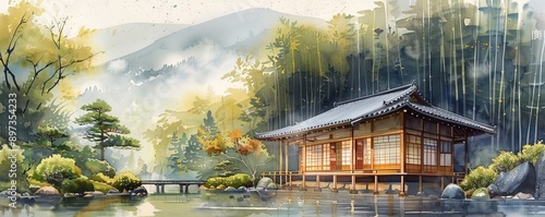 A watercolor painting of a charming Japanese teahouse nestled among a serene bamboo forest, its delicate wooden structure exuding tranquility, showcasing traditional Japanese architecture.