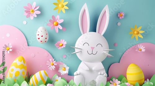 Cheerful bunny with pastel Easter eggs in 3D paper art style, Happy Easter Day