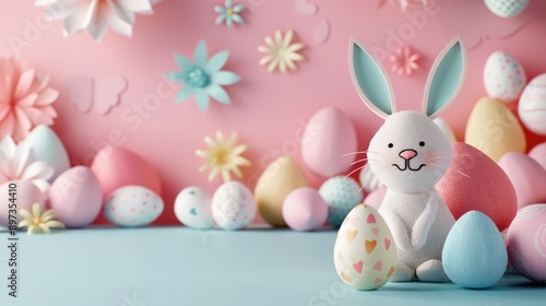 Cheerful bunny with pastel Easter eggs in paper art, celebrating Easter Day