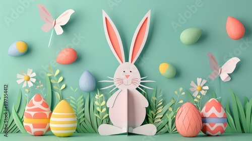Cheerful bunny with pastel Easter eggs in paper art, celebrating Easter Day