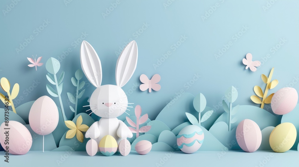 Cheerful pastel bunny with Easter eggs in paper art, wishing you a Happy Easter Day Cheerful pastel bunny with Easter eggs in paper art, wishing you a Happy Easter Day