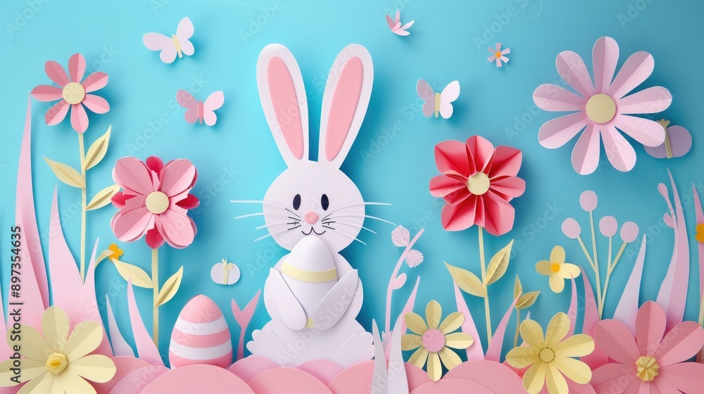 Cheerful pastel bunny with Easter eggs in paper art, wishing you a Happy Easter Day Cheerful pastel bunny with Easter eggs in paper art, wishing you a Happy Easter Day