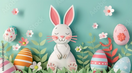 Cheerful rabbit with colorful pastel Easter eggs in paper art, Happy Easter Day