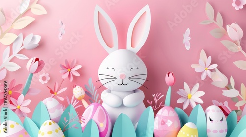 Cheerful rabbit with pastel-colored Easter eggs in paper art style, Happy Easter!