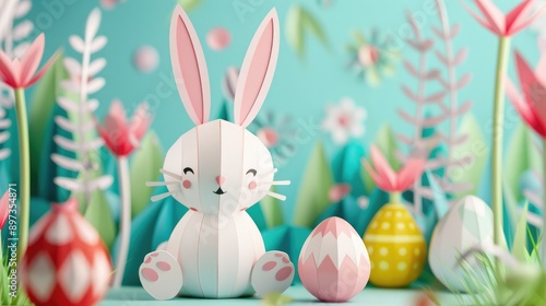 Cheerful rabbit with pastel-colored Easter eggs in paper art style, Happy Easter!