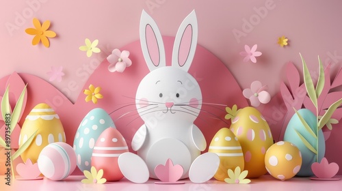 Cheerful rabbit with pastel-colored Easter eggs in paper art style, Happy Easter!