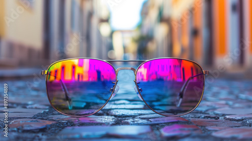 Bright reflective sunglasses lying on a cobblestone street with vibrant colors and blurred urban background, creating a colorful and modern aesthetic. © tonstock