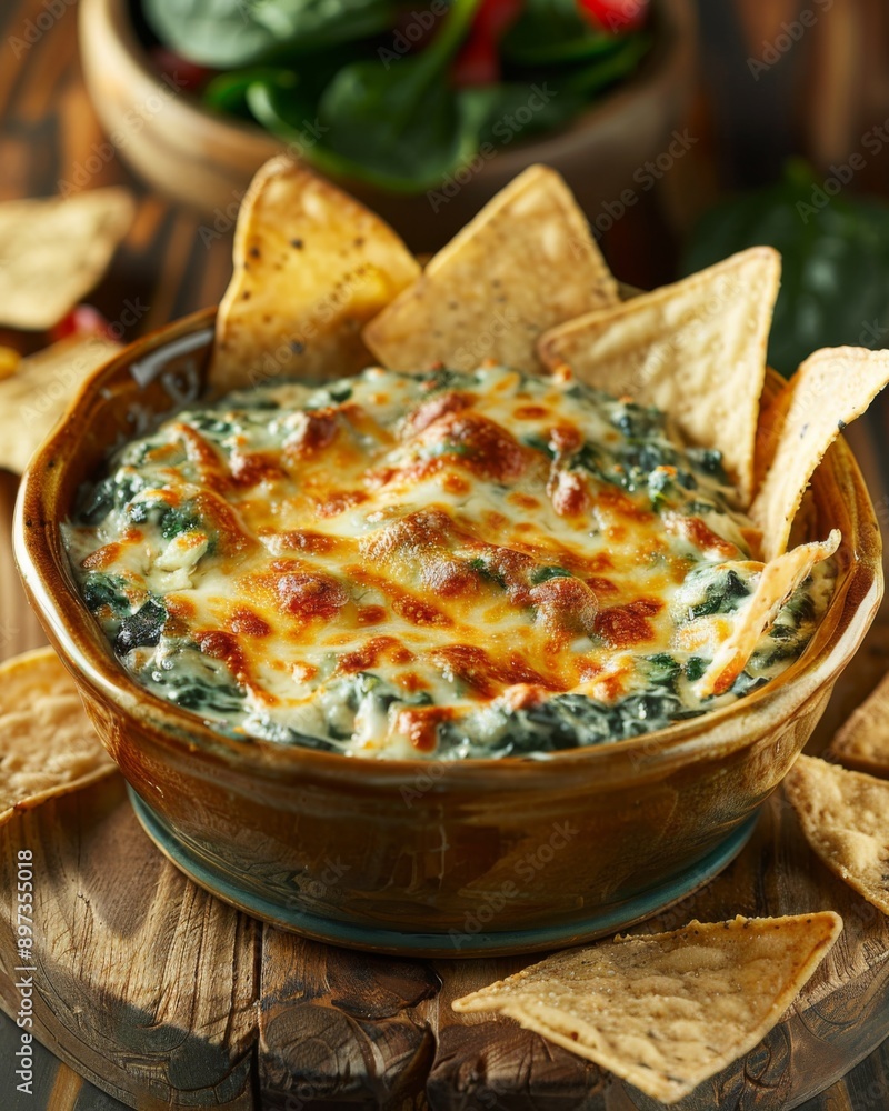 Bowl of hot spinach dip with golden brown crust and crispy tortilla chips Bowl of hot spinach dip with golden brown crust and crispy tortilla chips