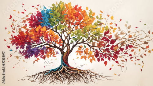 colorful tree with many leaves and roots, against a light background.