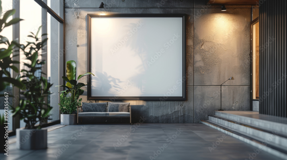 Blank Billboard Mockup Inside Room , Empty white billboard mockup with a black frame hanging in a modern interior space. 