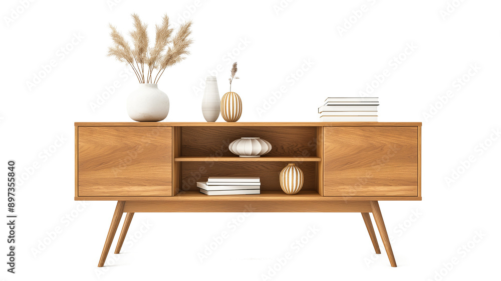 A wooden bookshelf with a vase of flowers on top and a few books on the shelf isolated on a transparent background A wooden bookshelf with a vase of flowers on top and a few books on the shelf isolated on a transparent background