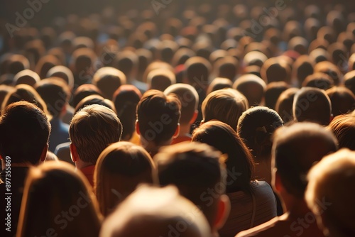 A large crowd of people are sitting in a stadium watching an event. The crowd is lit by the sun and the atmosphere is exciting.