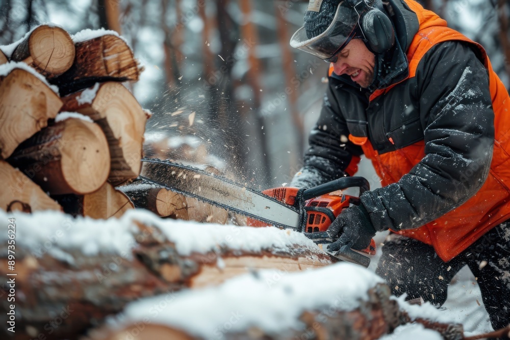 A person diligently using a chainsaw to efficiently cut logs in a snowy forest environment, highlighting the practical skill and effort involved in preparing wood during the winter season. A person diligently using a chainsaw to efficiently cut logs in a snowy forest environment, highlighting the practical skill and effort involved in preparing wood during the winter season.