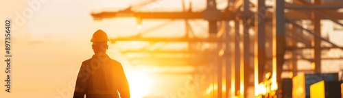 A young engineer wearing a hard hat and safety vest is walking towards the camera with the sun rising behind him.