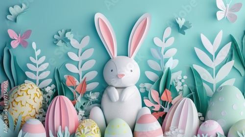 Cute rabbit surrounded by colorful pastel Easter eggs in paper art, Happy Easter!