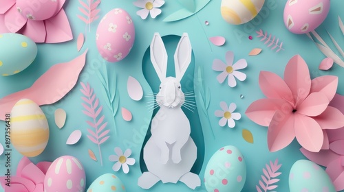 Cute rabbit surrounded by colorful pastel Easter eggs in paper art, Happy Easter!