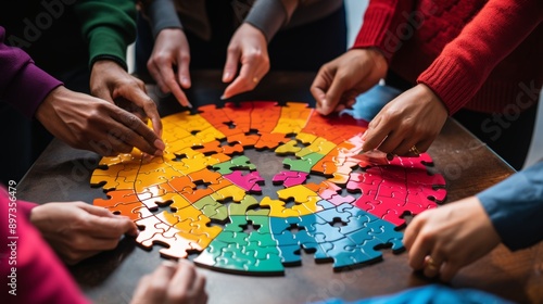 Team assembling puzzle of business vision, each piece symbolizing a unique aspect, unifying goals