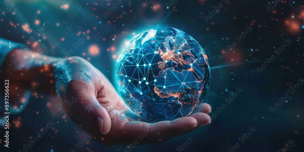 A hand is shown holding a digital globe, symbolizing global network and digital advancement in technology A hand is shown holding a digital globe, symbolizing global network and digital advancement in technology