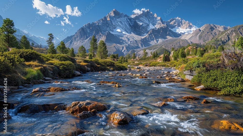 Majestic Mountain Landscape with Flowing River and Serene Atmosphere Majestic Mountain Landscape with Flowing River and Serene Atmosphere