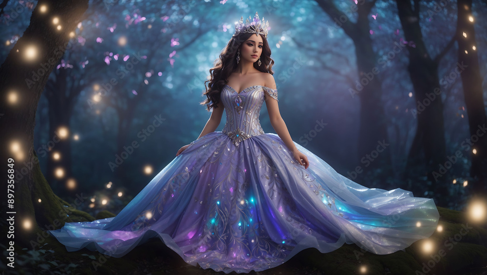 woman in a sparkling blue gown stands in a dark forest with glowing mushrooms and fairy lights. woman in a sparkling blue gown stands in a dark forest with glowing mushrooms and fairy lights.