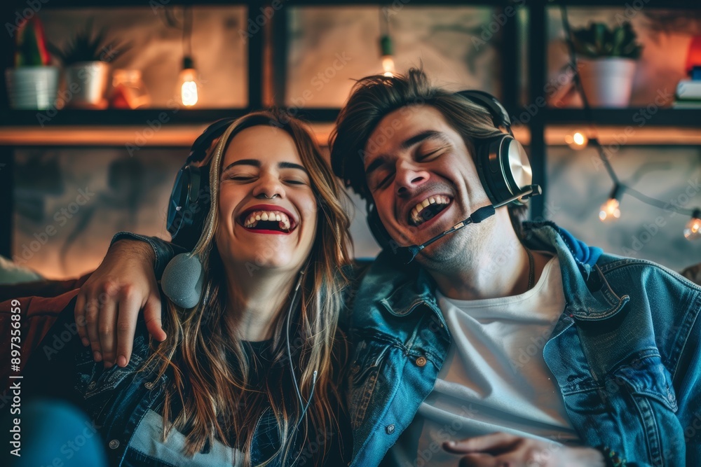 Portrait of a joyful couple in their 20s listening to music Portrait of a joyful couple in their 20s listening to music
