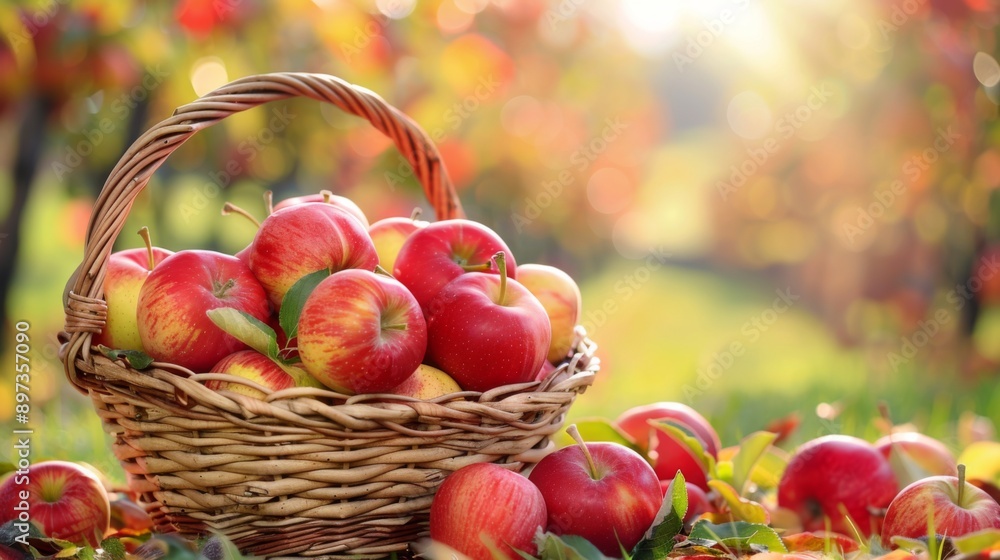 a basket of fresh ripe apples with an apple orchard in the background a basket of fresh ripe apples with an apple orchard in the background