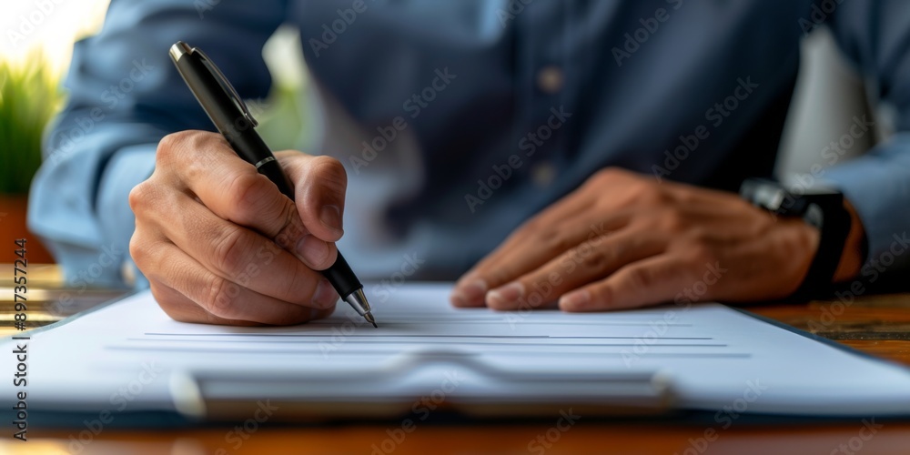 Close up young entrepreneur signing paper contract or business legal agreement, sitting at table. Close up young entrepreneur signing paper contract or business legal agreement, sitting at table.