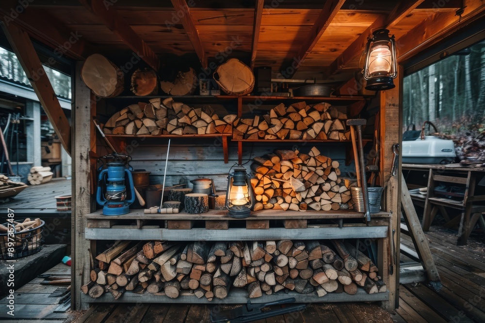 A scenic outdoor view of a wooden shed filled with firewood and illuminated by several glowing lanterns, creating a warm, rustic, and inviting workspace in a natural setting. A scenic outdoor view of a wooden shed filled with firewood and illuminated by several glowing lanterns, creating a warm, rustic, and inviting workspace in a natural setting.
