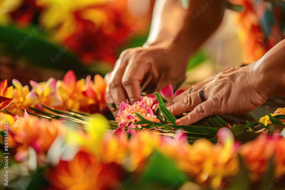 Close-Up of Traditional Hawaiian Luau with Hands Preparing a Lei and Colorful Flowers in Background Close-Up of Traditional Hawaiian Luau with Hands Preparing a Lei and Colorful Flowers in Background