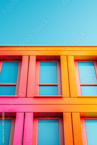 Wallpaper Mural Colorful modern building facade with bright pink, orange, and yellow panels against a clear blue sky, showcasing contemporary architecture. Torontodigital.ca