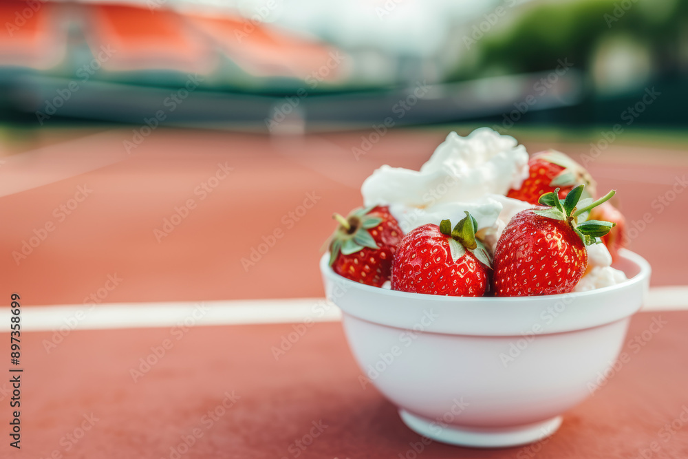 A white bowl filled with fresh strawberries and whipped cream on a clay tennis court, capturing a unique blend of sports and sweet indulgence. A white bowl filled with fresh strawberries and whipped cream on a clay tennis court, capturing a unique blend of sports and sweet indulgence.