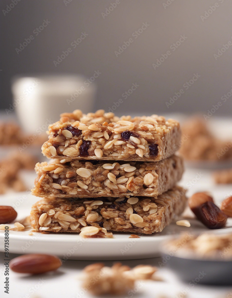 A plate of homemade granola bars made with oats, dates, and nuts on a white background.
A plate of homemade granola bars made with oats, dates, and nuts on a white background.