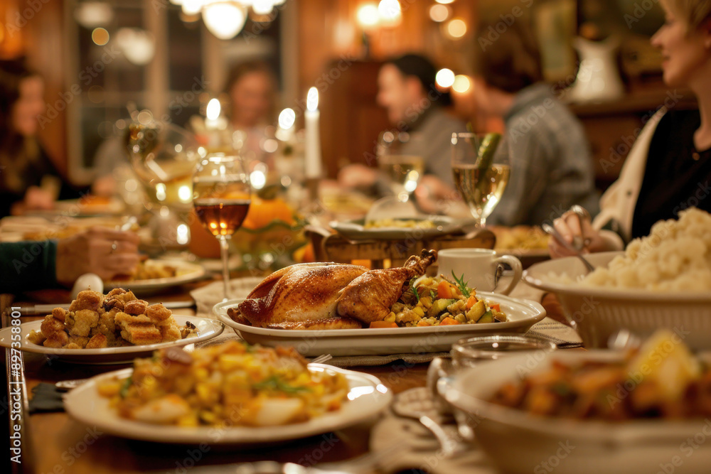 Family Gathering for Thanksgiving Dinner with Table Filled with Delicious Food and Warm Lighting Family Gathering for Thanksgiving Dinner with Table Filled with Delicious Food and Warm Lighting