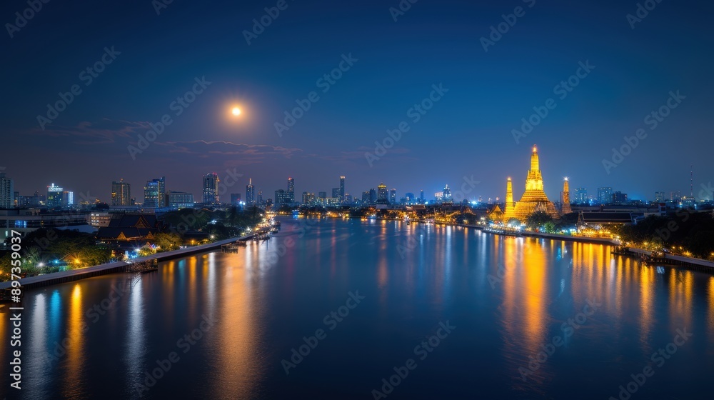 Fototapeta premium Stunning night view of a city skyline illuminated by moonlight, reflecting on a serene river with vibrant landmarks. Bangkok Thailand.