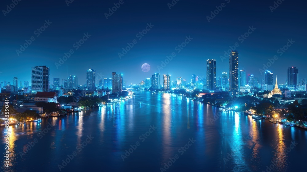 Naklejka premium Stunning night view of a vibrant city skyline reflected in water, illuminated by lights against a dark blue sky. Bangkok Thailand.