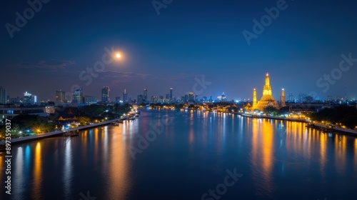 Stunning night view of a city skyline illuminated by moonlight, reflecting on a serene river with vibrant landmarks. Bangkok Thailand.