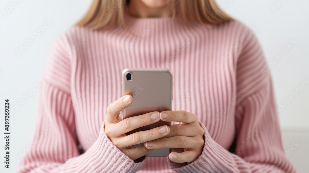 A close-up of a woman holding a smartphone, showcasing modern technology and communication in a cozy, casual setting. A close-up of a woman holding a smartphone, showcasing modern technology and communication in a cozy, casual setting.