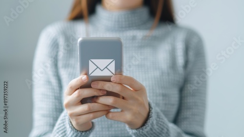 A close-up view of a person holding a smartphone with an email icon, symbolizing digital communication and connectivity. photo