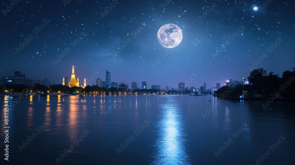 A serene night scene featuring a glowing moon over a shimmering river, with city lights reflecting in the water under starry skies. Bangkok Thailand. A serene night scene featuring a glowing moon over a shimmering river, with city lights reflecting in the water under starry skies. Bangkok Thailand.