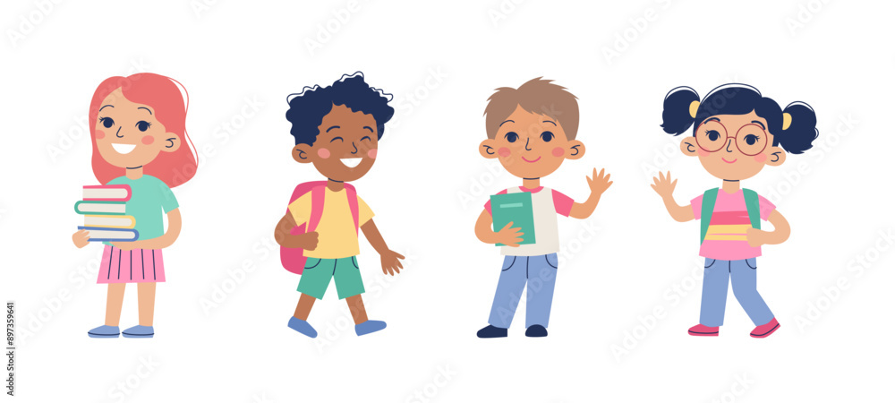 Childrens school. Boys and girls with school supplies. Vector illustration in flat style Childrens school. Boys and girls with school supplies. Vector illustration in flat style