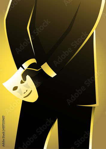 A businessman hide the white mask in the hand behind his back