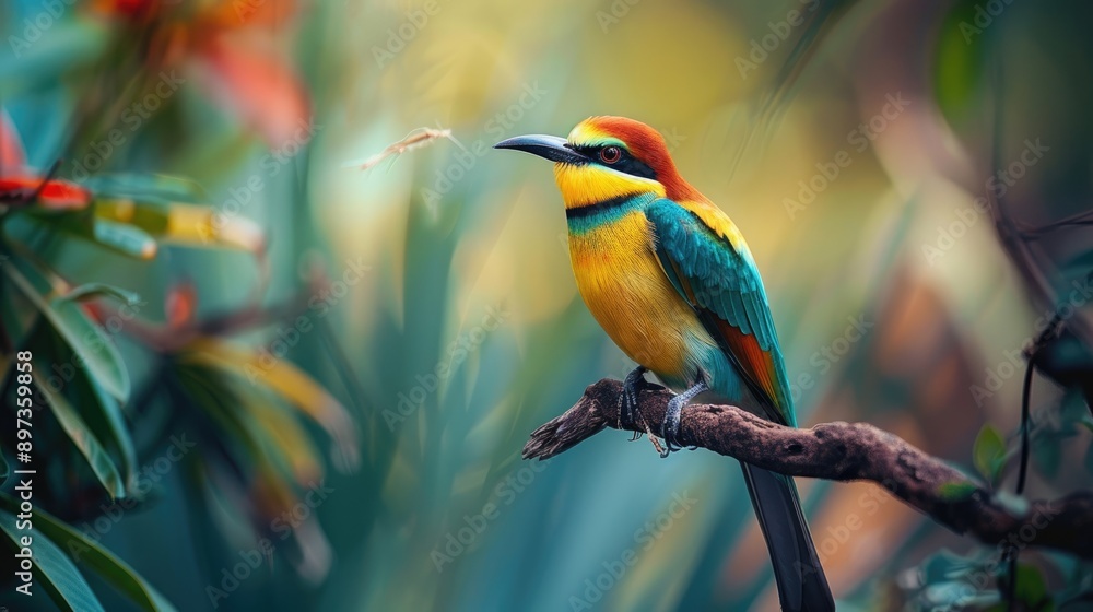 Fototapeta premium Brightly colored bee-eater perched on a branch, ready to catch insects, surrounded by lush vegetation