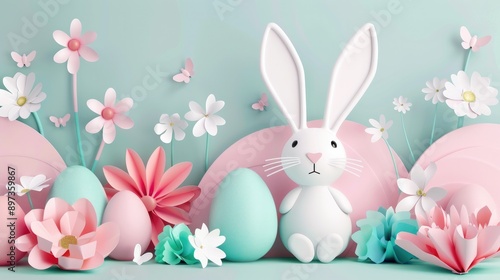 Cute rabbit with pastel Easter eggs in paper art style, wishing you a Happy Easter