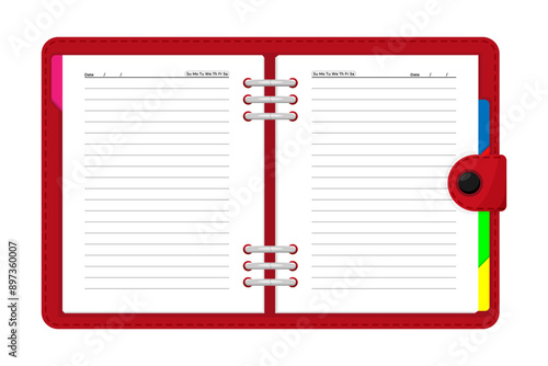 A red leather bound agenda notebook with a red cover and white pages.