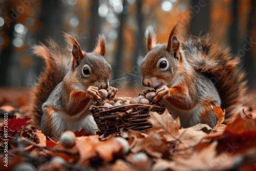 Two squirrels interacting with a basket full of nuts amidst fallen leaves in the autumn forest, highlighting the collaborative and industrious nature of wildlife during the fall. photo