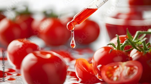 Tomato extract of lycopene being poured from a tomatoes