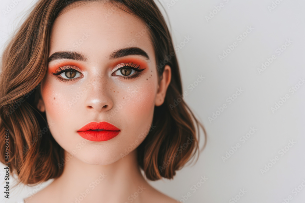 Portrait of woman with vibrant makeup. Close-up of face showcasing bold orange eye makeup and red lips against a white background. Portrait of woman with vibrant makeup. Close-up of face showcasing bold orange eye makeup and red lips against a white background.